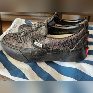 Black/Multi Glitter Custom Vans Platform Slip Ons - Worn Once for Wedding